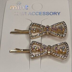 Mint Gold and Clear Crystal Bow Shape Hair Clips Sparkling Accessories